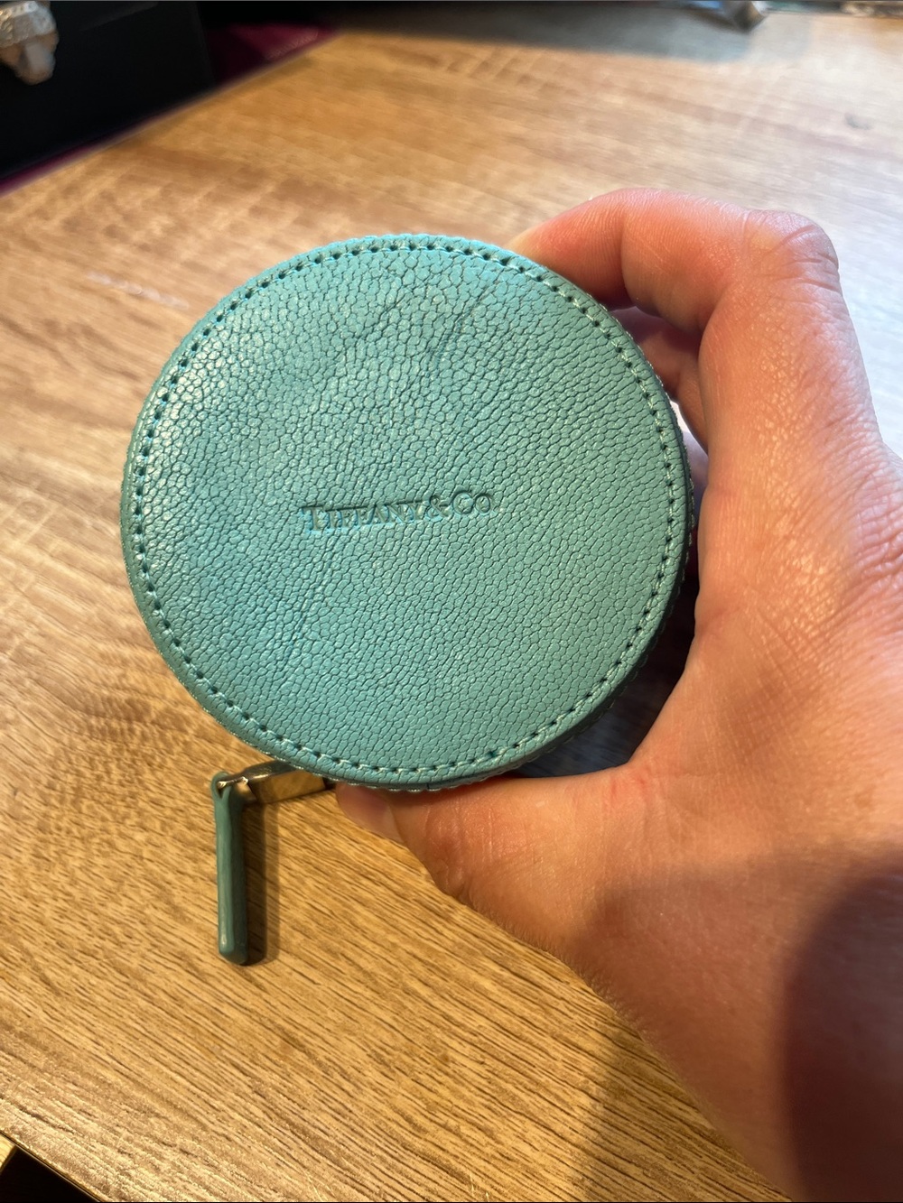 Tiffany & Co. Pebbled Aqua Round Zip jewelry case